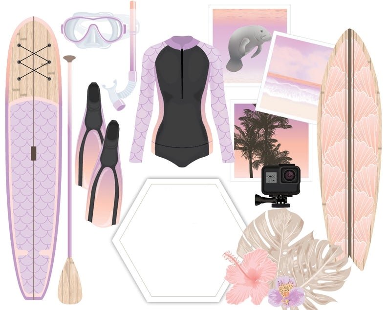 Beach Bum Water Sportss clip art Purple Kit Digital Acessorios Surfista Rosa - Imagem 1