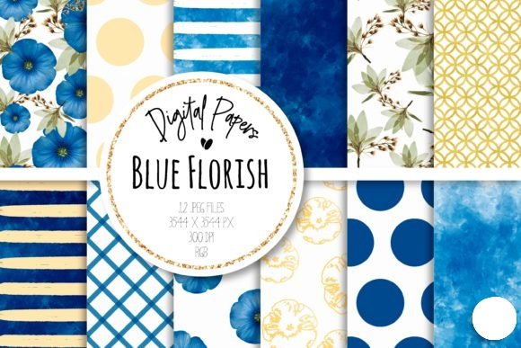 Blue Florish Arquivo Kit Digital Papéis Bolas e Flores Azuis - Imagem 1