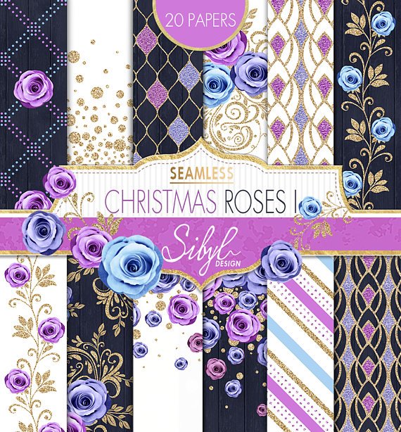 Christmas Roses Seamless Pattern I Kit Digital Rosas em tons Roxo, Violeta e Azul - Imagem 1