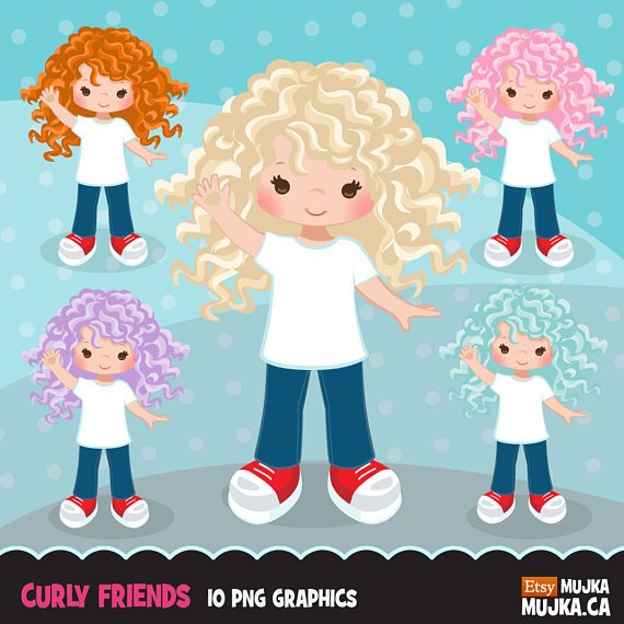 Curly Friends MUJKA Kit Digital Garota Cabelo Colorido - Imagem 1