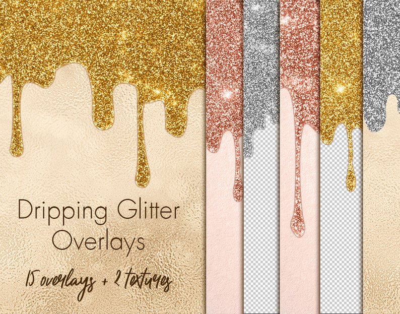 Dripping_Glitter_Overlays Kit Digital Papéis Sobreposições de Ouro e Prata - Imagem 1