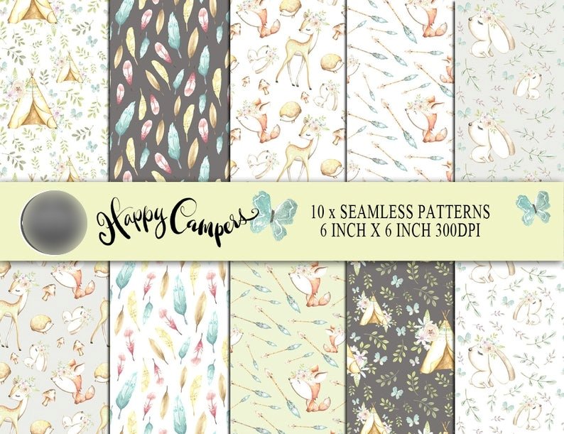 Happy Campers Patterns Kit Digital Papeis Animais de Bosque - Imagem 1