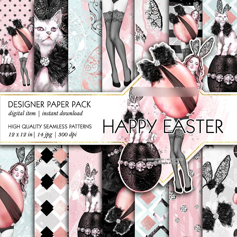 Happy Easter Kit Digital Papeis Páscoa Garota Gato - Imagem 1