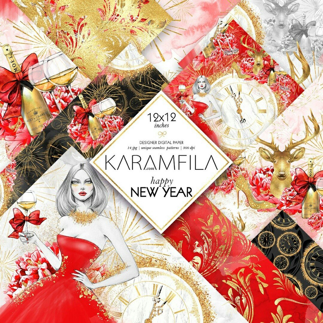 Happy New Year pp Kit Digital Papeis Festa de Ano Vermelho - Imagem 1