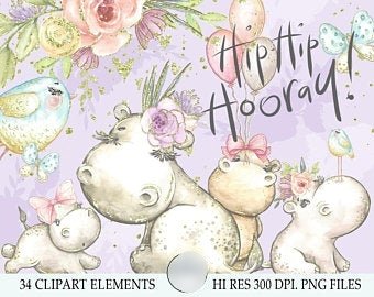 Hip Hip Hooray ClipArt Kit Digital Hipopotamo - Imagem 1