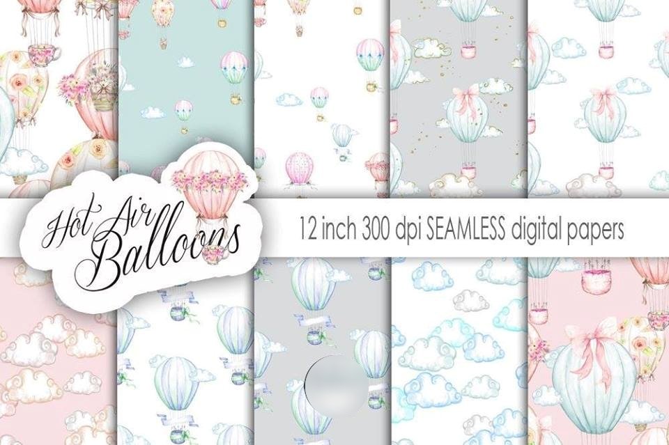 Hot Air Balloons Patterns Kit Digital Papeis Balão de Ar - Imagem 1