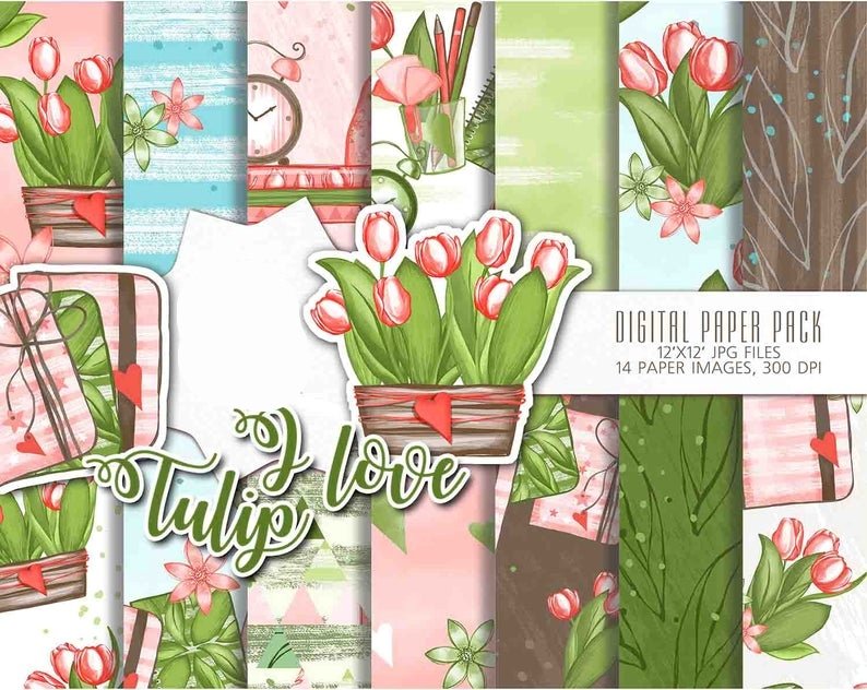 I Love Tulip PP-Iva Arquivo Kit Digital Papéis Tulipas - Imagem 1