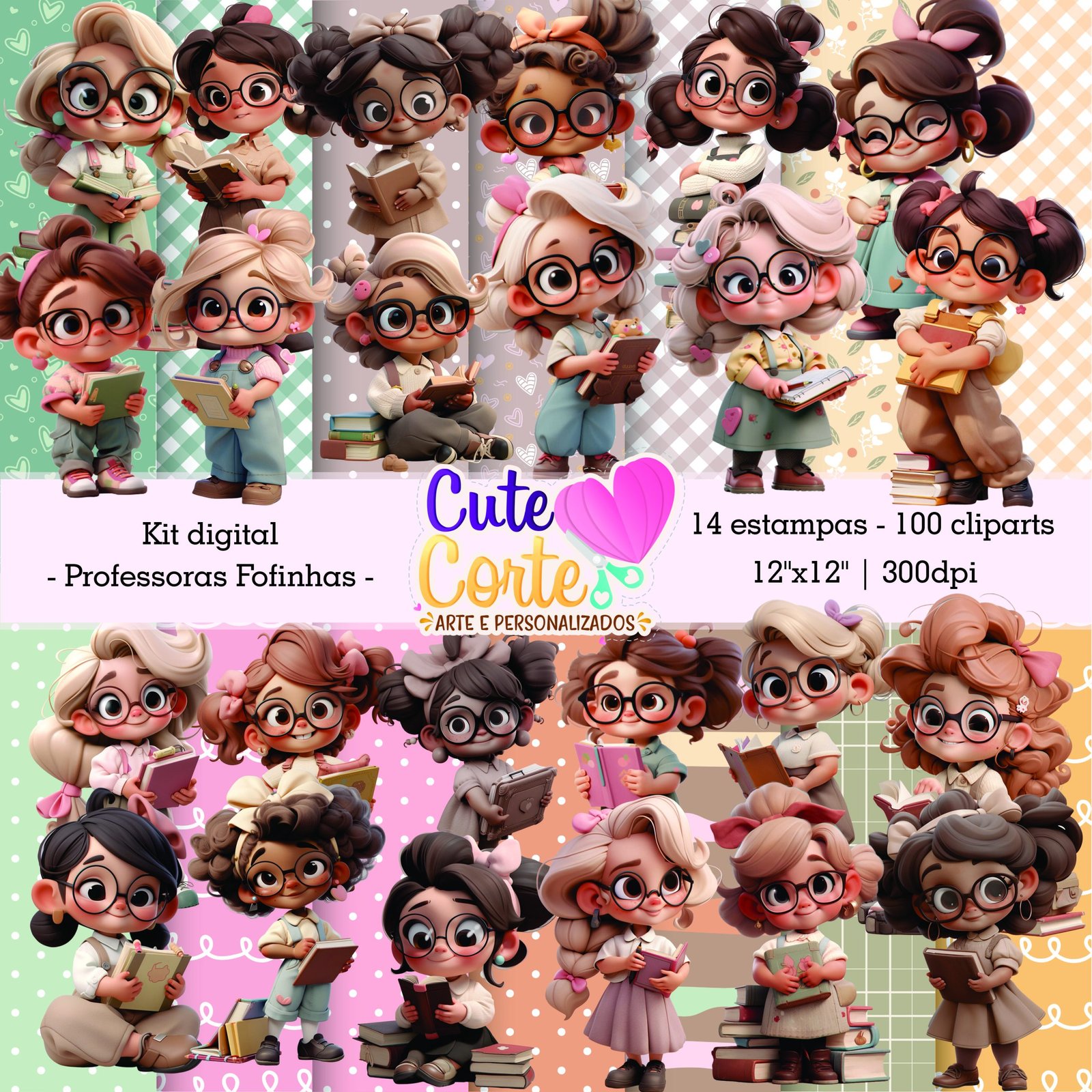 Kit Digital – Professoras Fofinhas (14 Papeis Digitais + 100 Cliparts) Kit Digital Professoras Fofinhas - Imagem 1