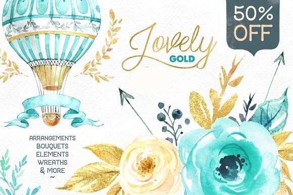 Lovely Gold-Octopus Kit Digital Lindas Flores e Balão Verde - Imagem 1