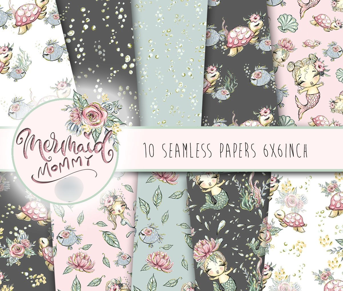 Mermaid Mommy Kit Digital Papeis Sereia - Imagem 1