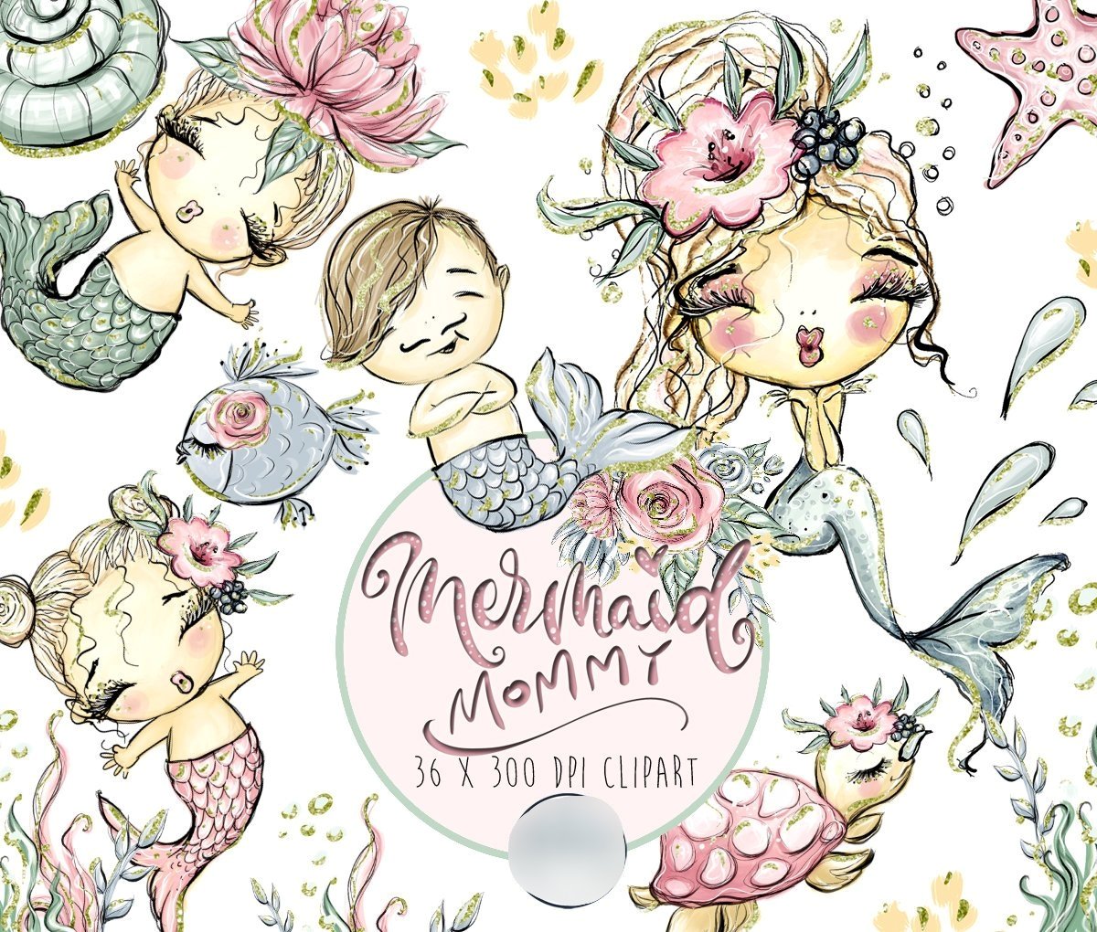 Mermaid Mommy Clipart Kit Digital Pequenas Sereias - Imagem 1
