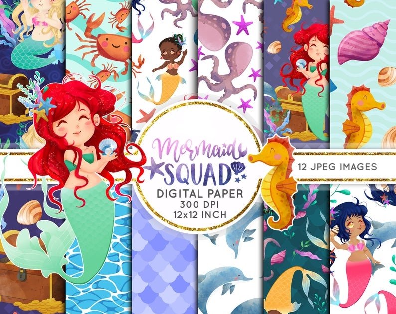 Mermaid Squad - Papeis Kit Digital Papeis Sereias - Imagem 1