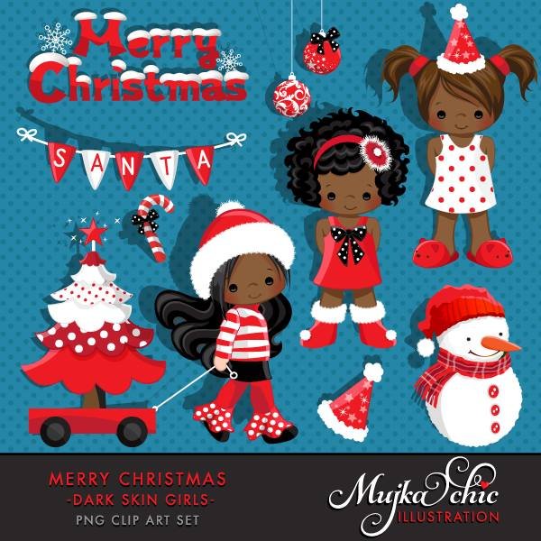 Merry Christmas Dark Skin Girls MUJKA Kit Digital Menininhas de Natal - Imagem 1