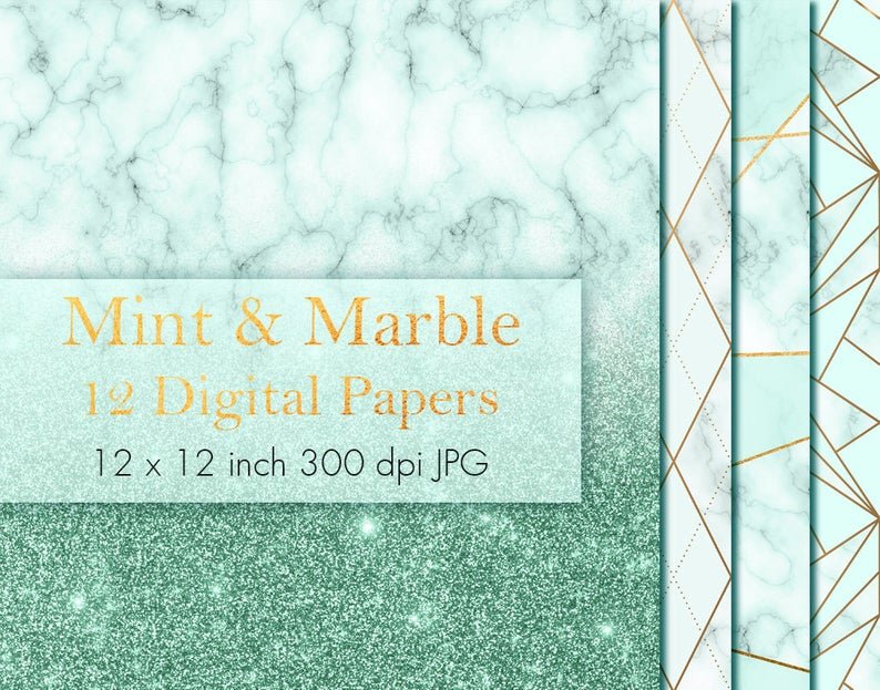 Mint_amp_Marble_pp Kit Digital Papeis Menta Marmore - Imagem 1