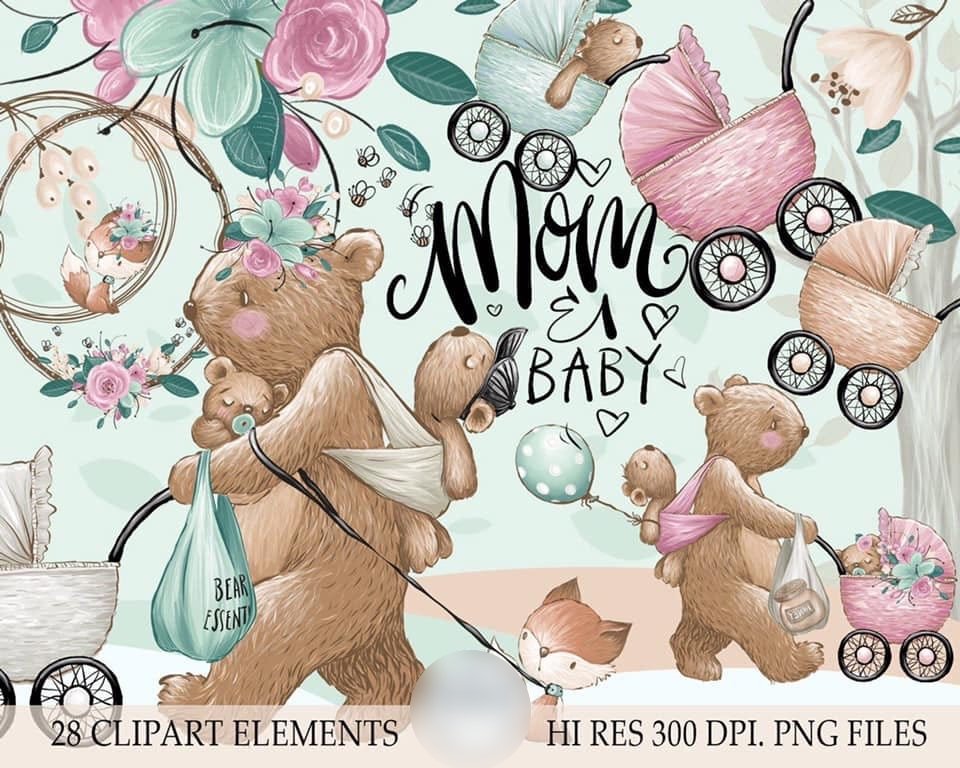 Mom _ Baby ClipArt Kit Digital Mamãe Ursinho Baby - Imagem 1