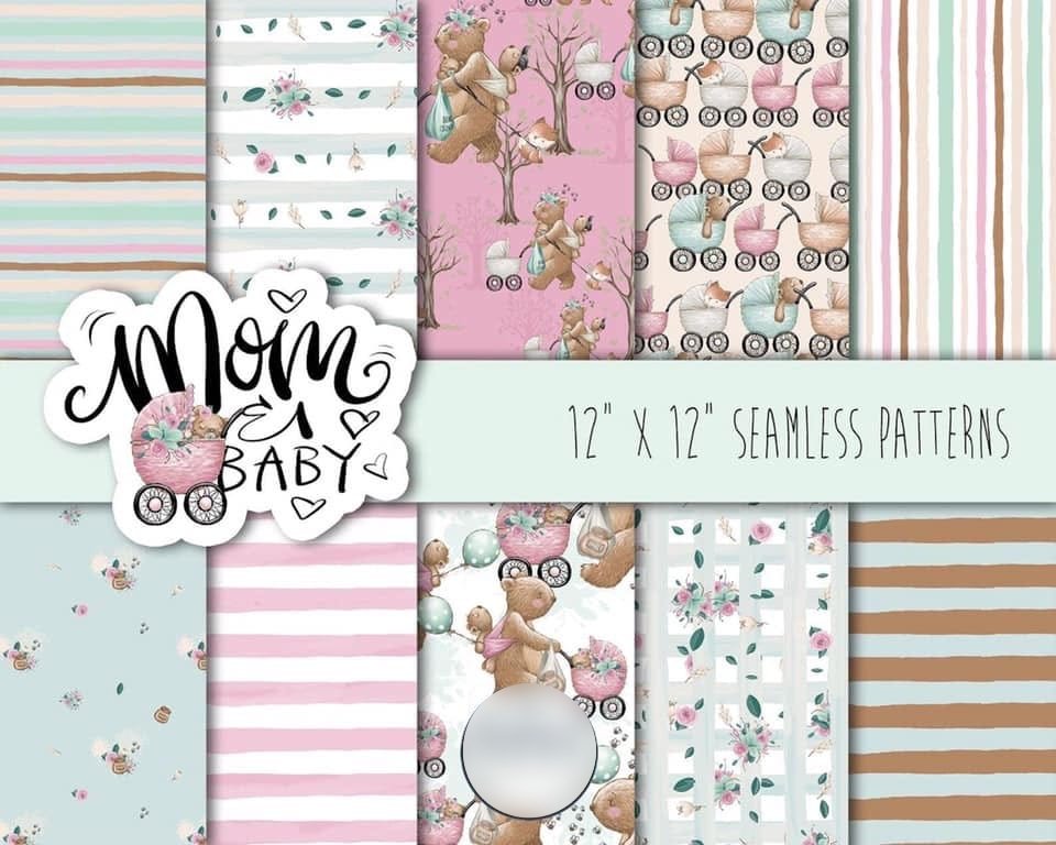 Mom _ Baby Patterns Kit Digital Papeis Mamãe Ursinho Baby - Imagem 1