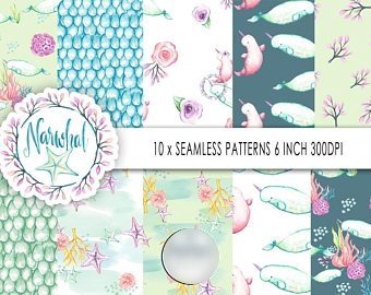 Narwhal Patterns Kit Digital Papeis Fundo do Mar - Imagem 1