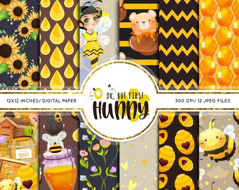 Ok, But First Hunny - Papeis Kit Digital Papeis Abelhinha - Imagem 1