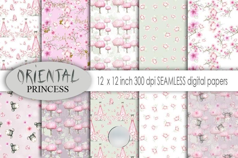 Oriental Princess Patterns Kit Digital Papeis Princesa Oriental - Imagem 1