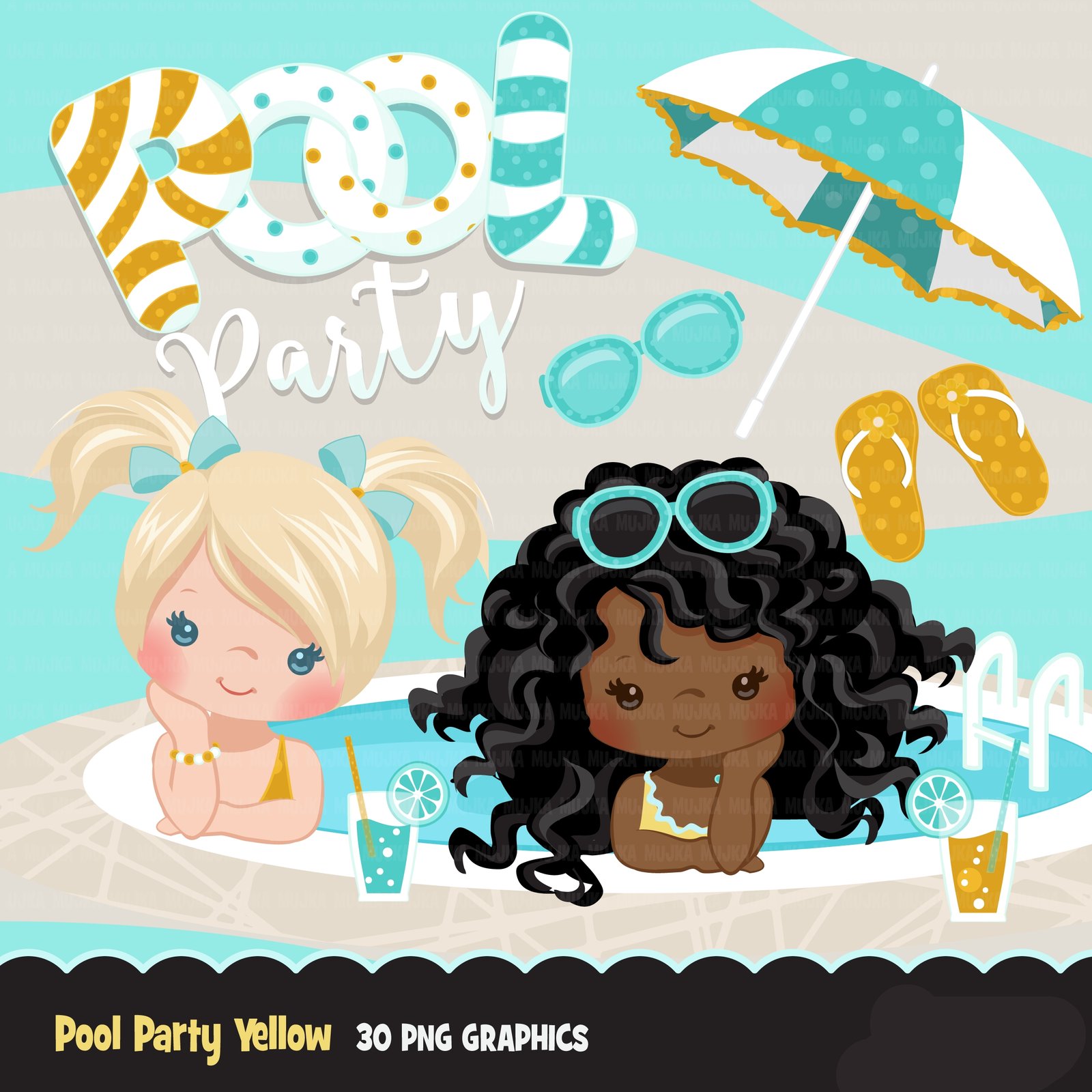 POOL-PARTY-YELLOW Arquivo Kit Digital Festa na Piscina Meninas 2 - Imagem 1