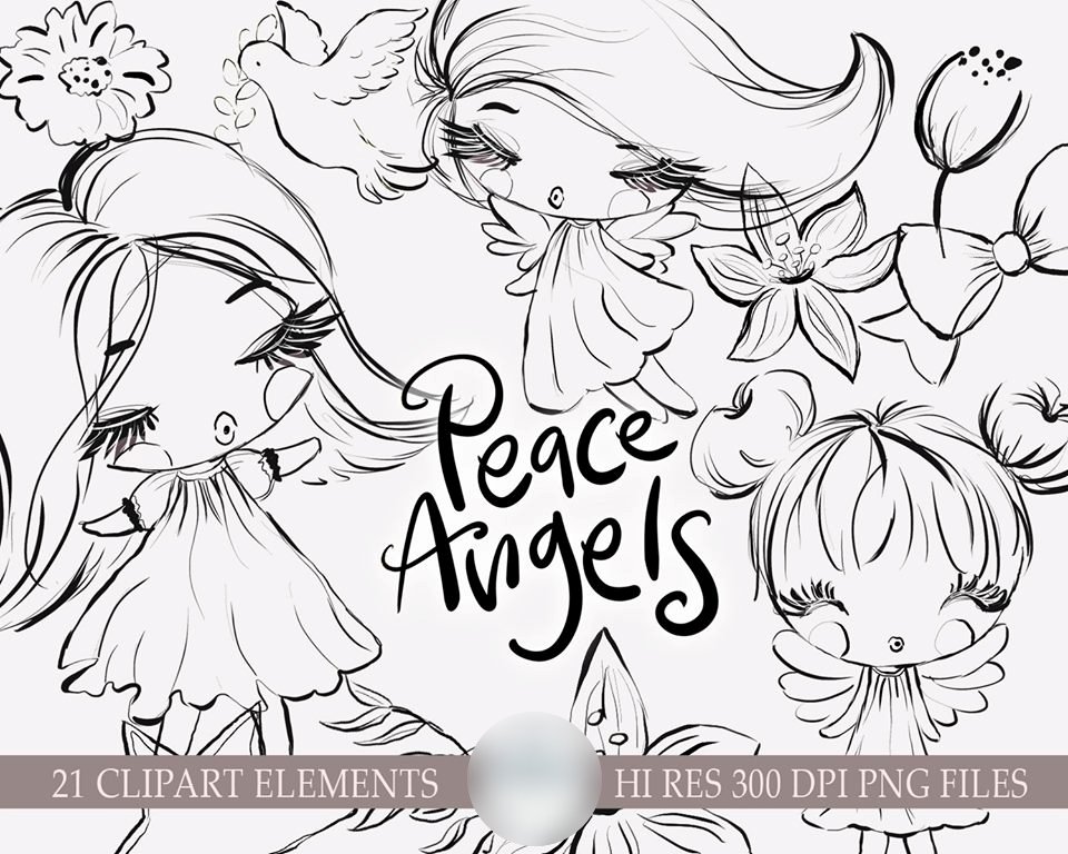 Peace Angels Doodles Kit Digital Anjinhas Preto e Branco Desenho - Imagem 1
