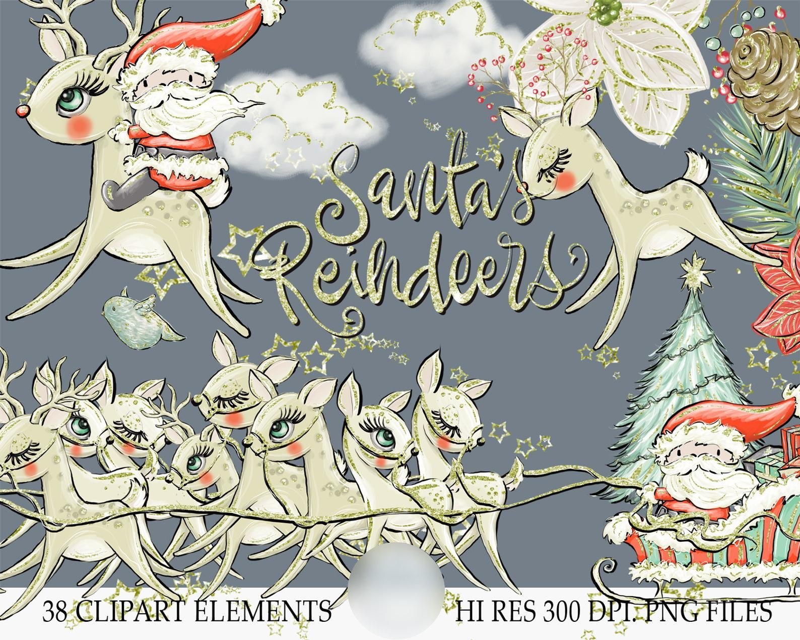 Santa Reindeer Clipart Kit Digital Renas de Natal - Imagem 1