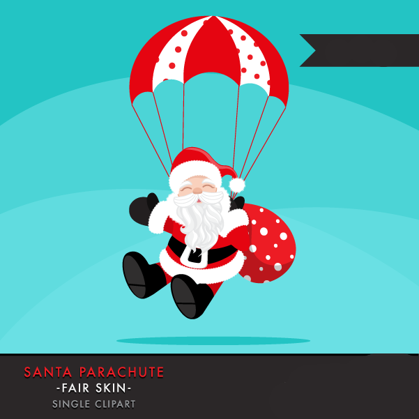 Santa-clipart.-Christmas-illustrations-Noel-clipart-red-black-santa-jumping-with-parachute-polka-dots Arquivo Kit Digital Papai Noel no Paraquedas - Imagem 1