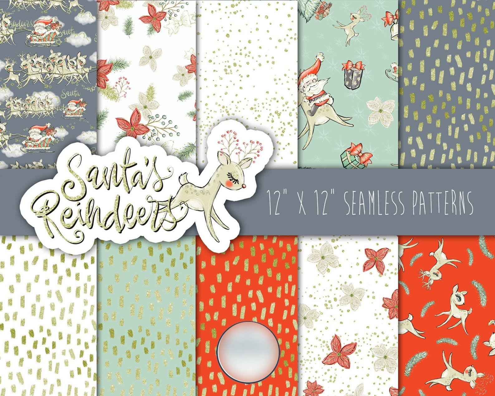 Santa reindeers paper pattern Kit Digital Papeis Renas de Natal - Imagem 1