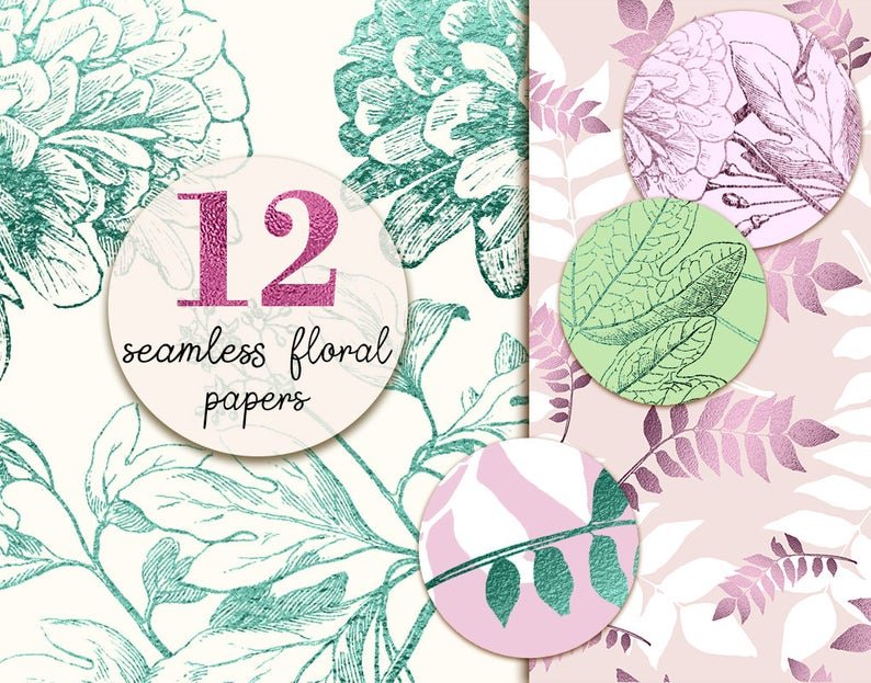 Seamless_Floral_pp Kit Digital Papéis Floral em Tons de Rosa e Verde - Imagem 1