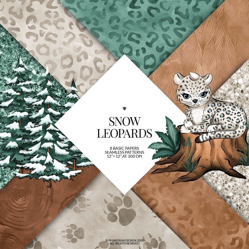 Snow Leopards Basics PP-Phantasia Kit Digital Papeis Leopardo - Imagem 1