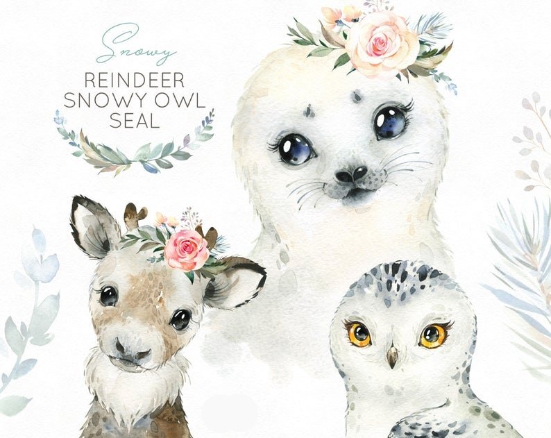 Snowy Reindeer Snowy Owl Seal-Octopus Kit Digital Coruja, Foca e Cervo Fofos - Imagem 1