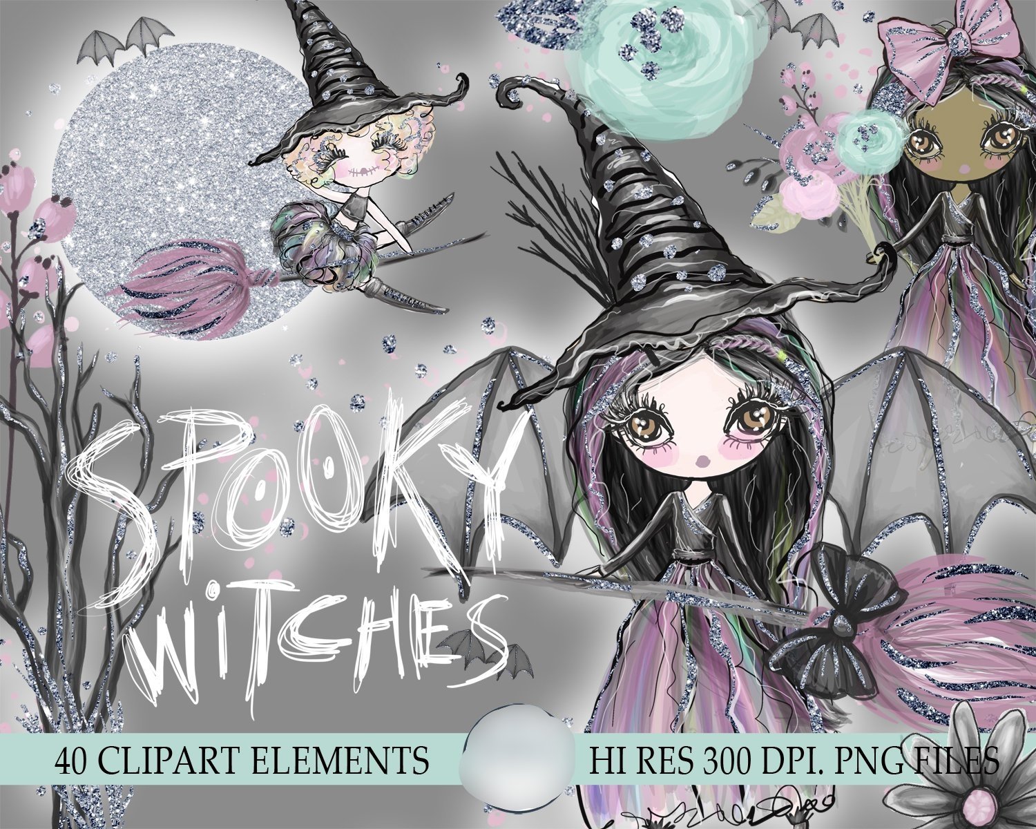 Spooky Witches Clipart Kit Digital Bruxas Assustadoras - Imagem 1