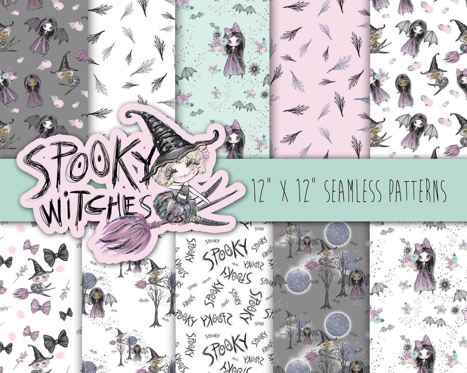 Spooky Witches Patterns Kit Digital Papeis Bruxas Assustadoras - Imagem 1