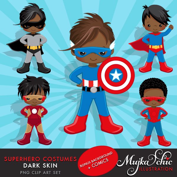 Superhero Costumes Boys Dark Skin MUJKA Kit Digital Super Herois - Imagem 1