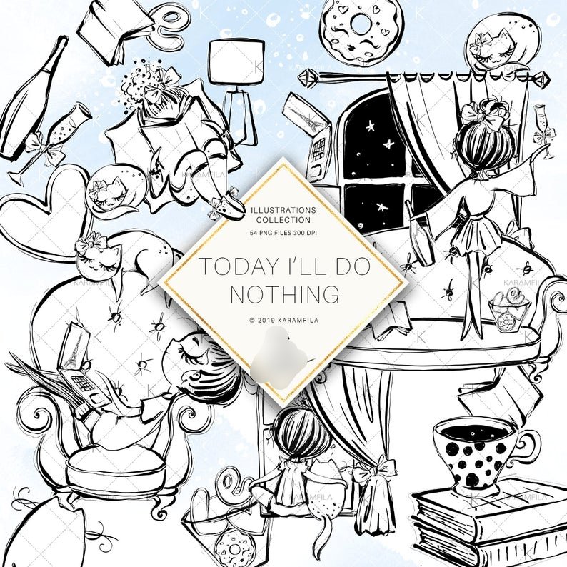 Today-Ill-Do-Nothing-Karamfila-DOODLES Kit Digital Garota Dia de Folga Preto e Branco - Imagem 1
