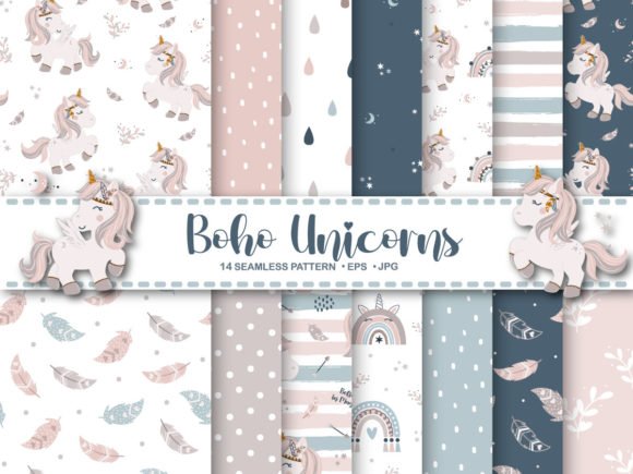 UNICÓRNIO BOHO Arquivo Kit Digital PAPÉIS BOHO UNICÓRNIO - Imagem 1