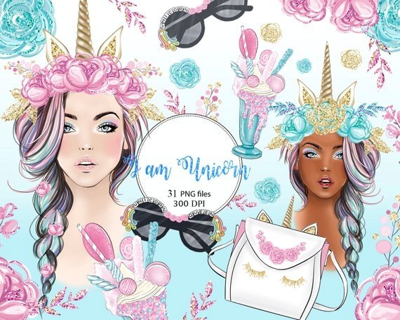 Unicorn Girl CLIPART Arquivo Kit Digital Garota Unicórnio - Imagem 1