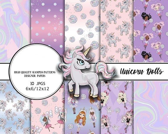Unicorn dolls PAPER Arquivo Kit Digital Papéis Unicórnio - Imagem 1