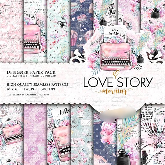 Vintage Typewriter Paper Pack Kit Digital Papeis Historia de Amor - Imagem 1