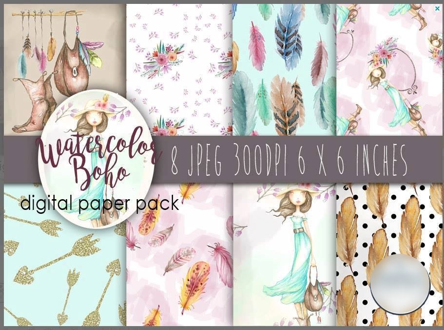 Watercolor Boho paper Kit Digital Papeis Ursinha Boho - Imagem 1
