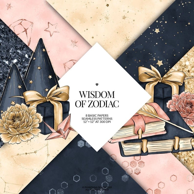 Wisdom Of Zodiac Darker Blue Basics PP-Phantasia Kit Digital Papeis Zodíaco - Imagem 1