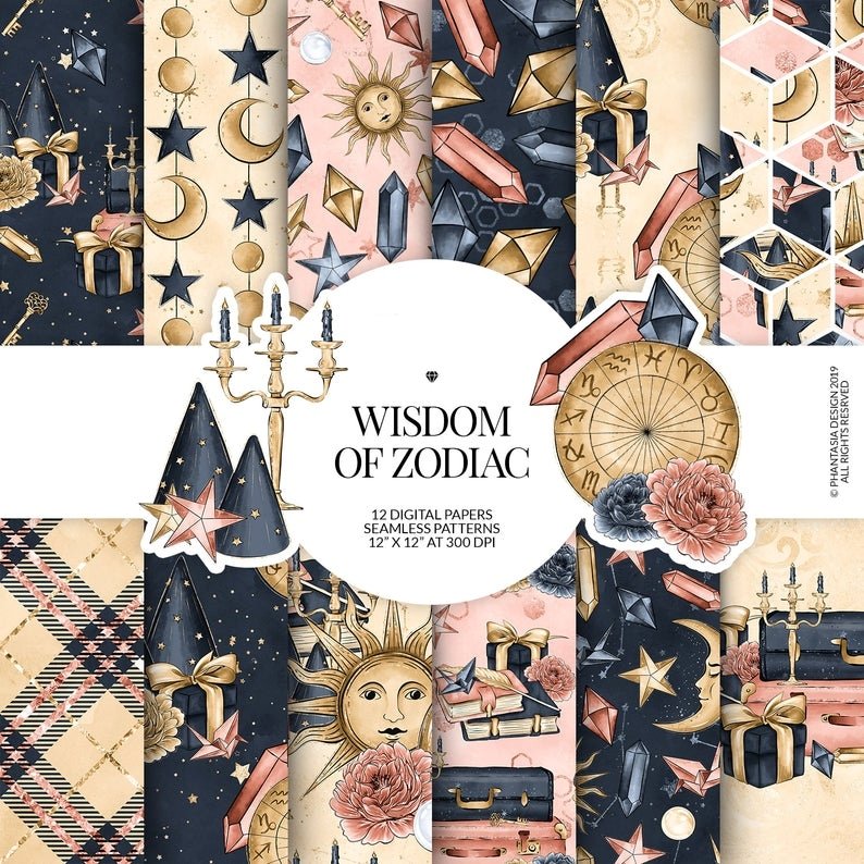 Wisdom Of Zodiac Darker Blue PP-Phantasia Kit Digital Papeis Zodiaco Azul Escuro - Imagem 1