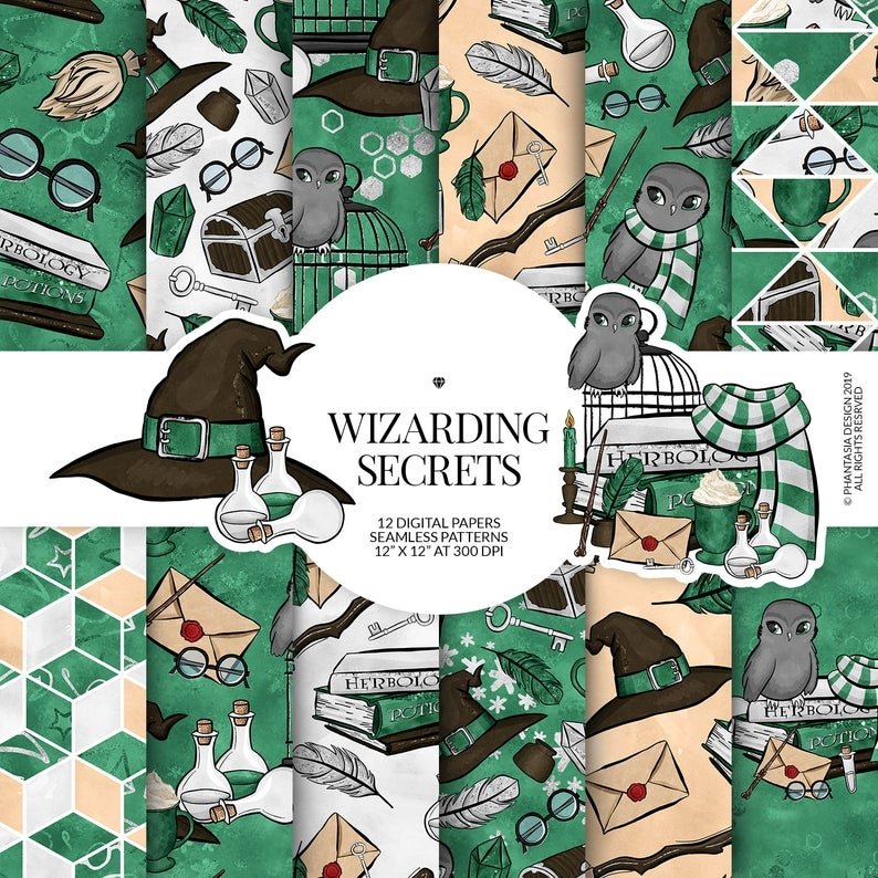 Wizarding Secrets Green PP-Phantasia Kit Digital Papéis Harry Potter 2 - Imagem 1