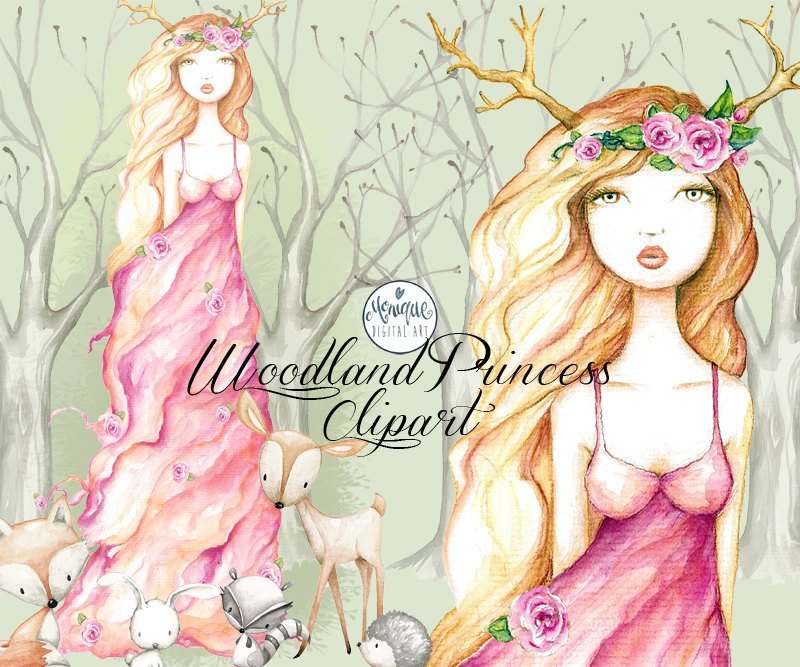 Woodland Princess Clipart Kit Digital Princesa da Floresta - Imagem 1