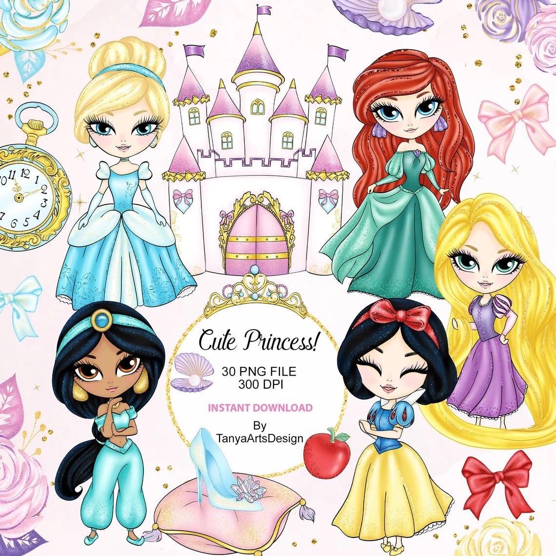 cute princess clipart Kit Digital Princesas - Imagem 1