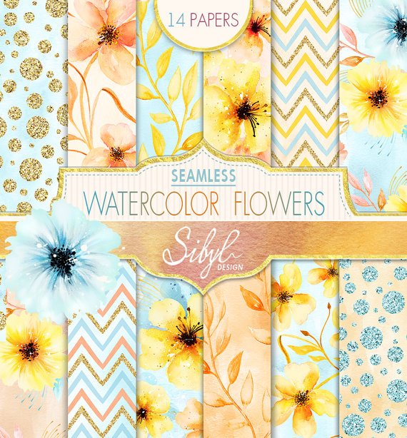 fall flower Kit Digital Papéis Florais Amarelo e Dourado - Imagem 1