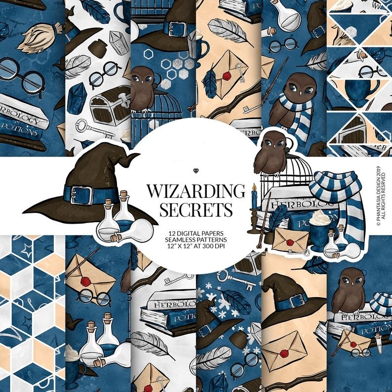 harry potter Wizarding Secrets Blue PP-Phantasia Kit Digital Papeis Harry Potter - Imagem 1