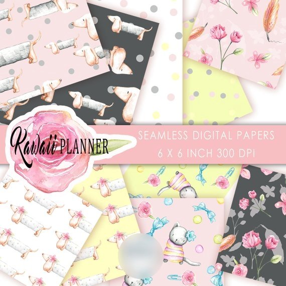 kawaii plannerpaper Arquivo Kit Digital Papéis Pets e Flores - Imagem 1