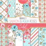 Kit Digital Papéis Florais em tons de aqua e salmão
