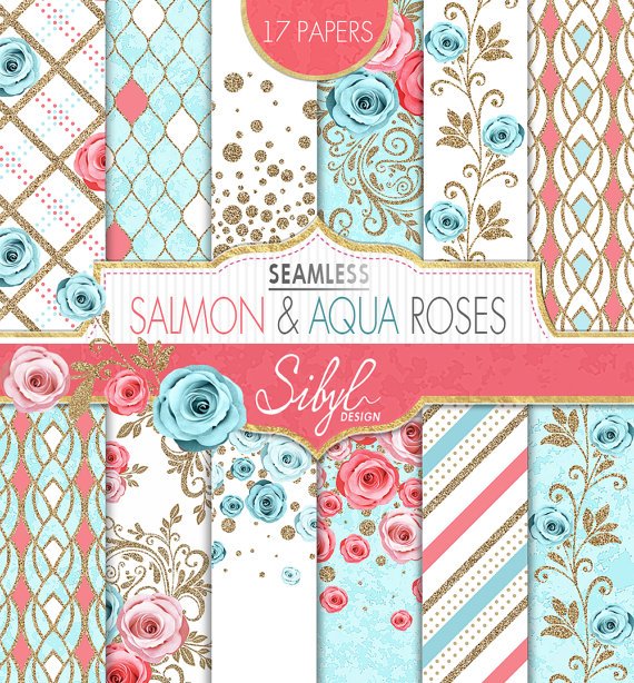 salmon_rose Kit Digital Papéis Florais em tons de aqua e salmão - Imagem 1